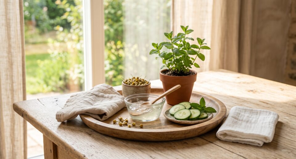 Természetes hűsítő és nyugtató szerek nyári hőkiütésre: aloe vera, kamilla, menta és uborka fa tálcán